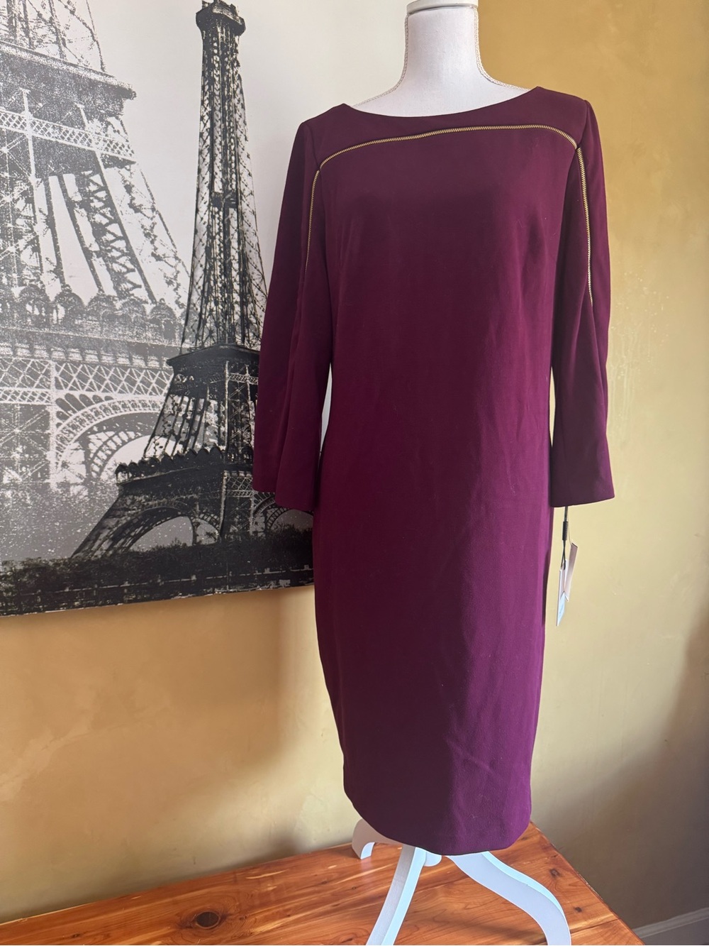 Calvin Klein Plum Sheath Dress with Gold Piping NWT